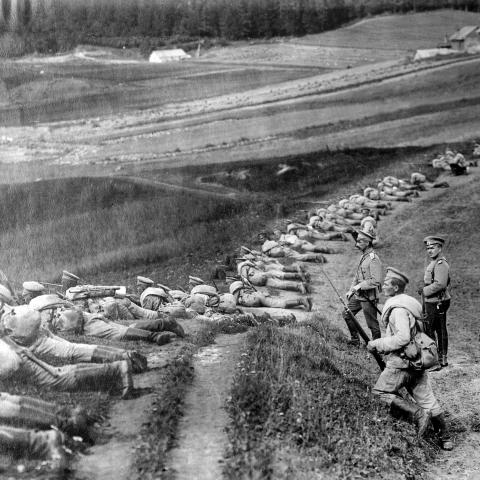 Russian infantry in the trenches during their battle against the Austro-Hungarian army on the eastern front in World War I in August 1914. (Daily Mirror/Mirrorpix via Getty Images)