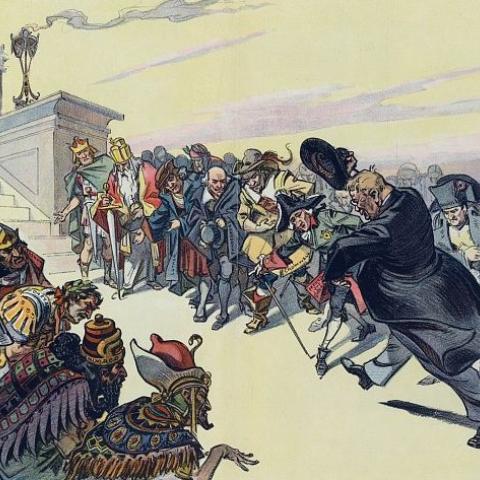 A 1912 illustration from Puck magazine shows Theodore Roosevelt passing between two rows of kings, emperors, military leaders, statesmen, and others. (Udo Keppler via Library of Congress)