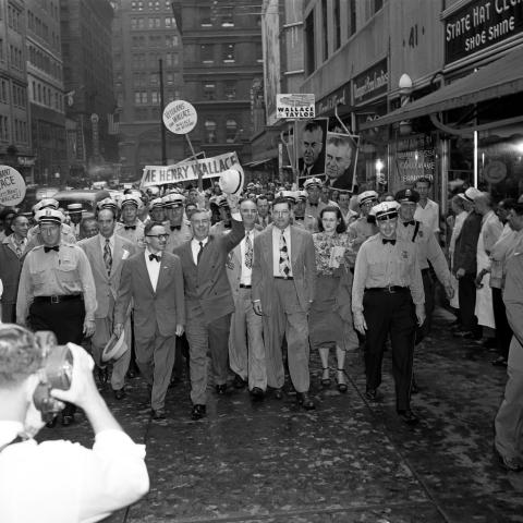 Former Vice President Henry A. Wallace (1888-1965) walks the streets of Philadelphia as the presidential nominee of the left-wing Progressive Party for the 1948 election in Philadelphia, Pennsylvania. (Irving Haberman via Getty Images)
