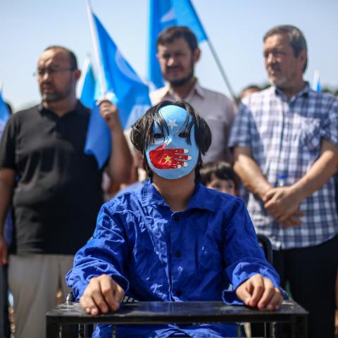 Uyghurs living in Turkey protest Wang Yi on July 26, 2023, in Istanbul, Turkey. (Hakan Akgun via Getty Images)