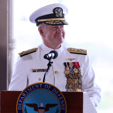 Incoming Indo-Pacific Commander Admiral Samuel Paparo speaks during the United States Indo-Pacific Command change of command ceremony in Honolulu, Hawaii, on May 3, 2024. (Marco Garcia/AFP via Getty Images)