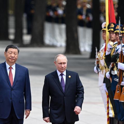 Russia's President Vladimir Putin and China's President Xi Jinping attend an official welcoming ceremony in Beijing on May 16, 2024. (Sergei Bobylov/AFP via Getty Images)