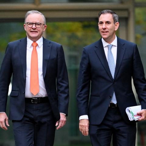 Anthony Albanese and the Hon. Dr. Jim Chalmers arrive for post budget media interviews at Parliament House on May 15, 2024, in Canberra, Australia. (Tracey Nearmy via Getty Images)