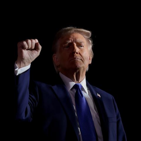 Donald Trump gestures after speaking at a campaign rally on October 19, 2024, in Latrobe, Pennsylvania. (Win McNamee via Getty Images)