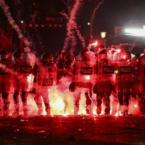 Fireworks launched explode along police lines amid ongoing mass demonstrations against the Georgian government's decision to suspend European Union membership talks in Tbilisi, Georgia, on December 1, 2024. (Giorgi Arjevanidze via Getty Images)