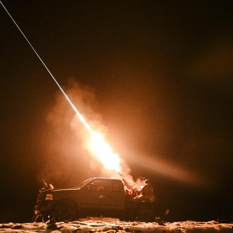 Ukrainian servicemen of the mobile air defense unit fire a machine gun at Russian drones during night patrol on December 2, 2024, in Chernihiv Oblast, Ukraine. (Maksym Kishka/Global Images Ukraine via Getty Images)