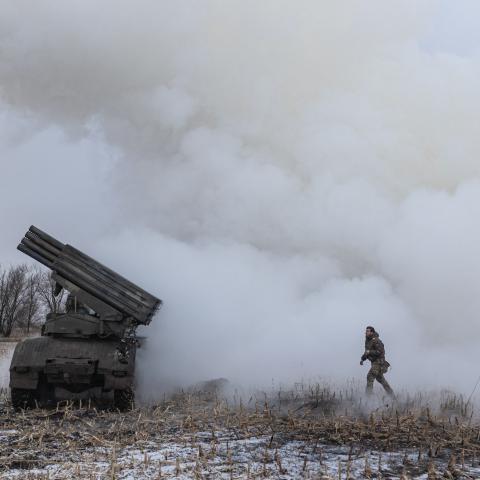 Ukrainian soldiers prepare the BM-21 artillery in the direction of Kurakhove, Ukraine, on December 4, 2024. (Diego Herrera Carcedo/Anadolu via Getty Images)