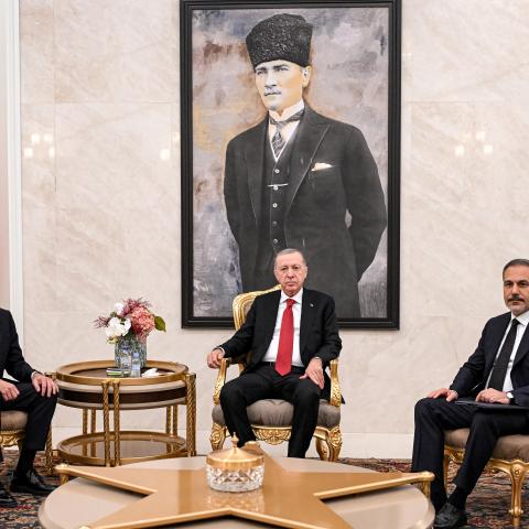 Antony Blinken meets with Turkey's President Recep Tayyip Erdogan and Foreign Minister Hakan Fidan in Turkey on December 12, 2024. (Andrew Caballero-Reynolds/AFP via Getty Images)
