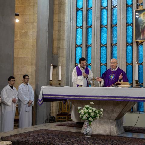 People attend the first Sunday mass in Aleppo, Syria, since the rebel forces deposed the Assad regime on December 15, 2024. (Burak Kara via Getty Images)