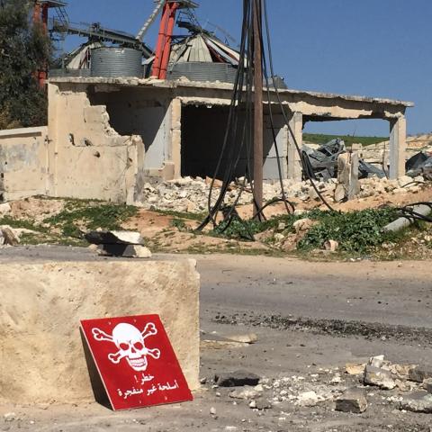 A poison hazard danger sign is seen in the town of Khan Shaykun, Idlib province, Syria on April 05, 2017. On Tuesday more than 100 civilians had been killed and 500 others, mostly children, injured in Assad Regime's suspected chlorine gas attack carried out by warplanes in the town of Khan Shaykun, Idlib province. (Photo by Ogun Duru/Anadolu Agency/Getty Images)