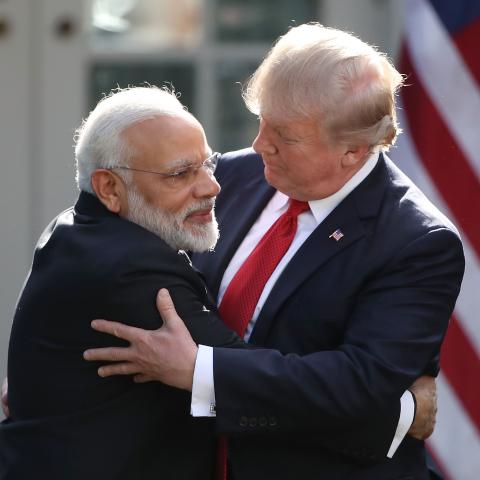 Donald Trump and Narendra Modi embrace while delivering joint statements at the White House on June 26, 2017, in Washington, DC. (Mark Wilson via Getty Images)