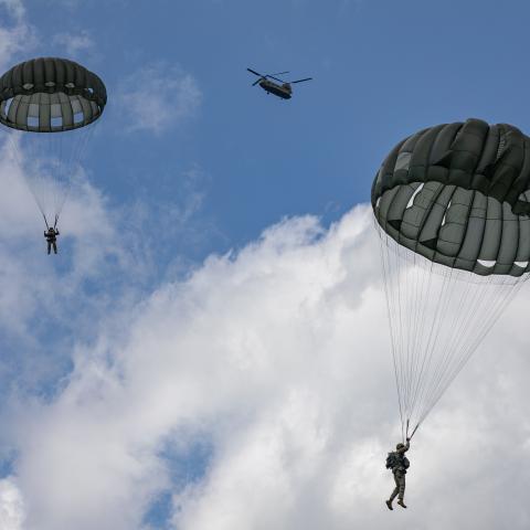 U.S. Army Paratroopers and other Paratroopers from partner nations descends to drop zone using their MC-6 Parachute during Leapfest 2024 at Glenrock Drop Zone , Exeter, Rhode Island, August 3, 2024. (DVIDS)