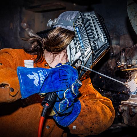 A Naval Science Institute student practices arc welding at Portsmouth Naval Shipyard in Maine on October 10, 2024. (US Navy photo by Branden Bourque)