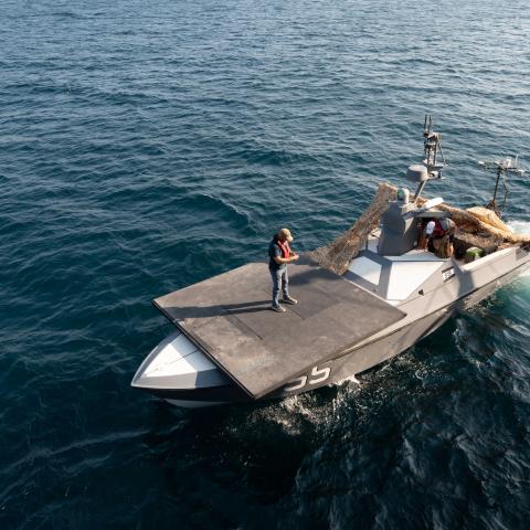 (Nov. 5, 2024) An unmanned surface vessel, attached to U.S. Naval Forces Central Command’s Task Force 59, participates in exercise Digital Talon 3.0 in the U.S. Central Command area of responsibility. (Official U.S. Army photo)