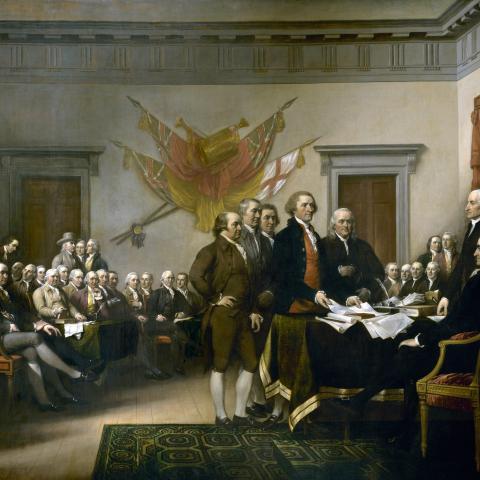 John Trumbull's painting, circa 1754, of the five-man drafting committee of the Declaration of Independence presenting their work to the Congress. (Universal History Archive via Getty Images)