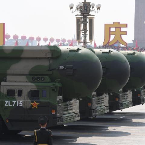 China's DF-41 nuclear-capable intercontinental ballistic missiles are seen during a military parade in Beijing on October 1, 2019. (Greg Baker/AFP via Getty Images)