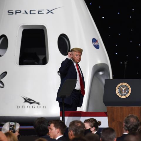 Donald Trump speaks at NASA's Vehicle Assembly Building after the launch of a SpaceX spaceship to the International Space Station on May 30, 2020. (Paul Hennessy/SOPA Images/LightRocket via Getty Images)