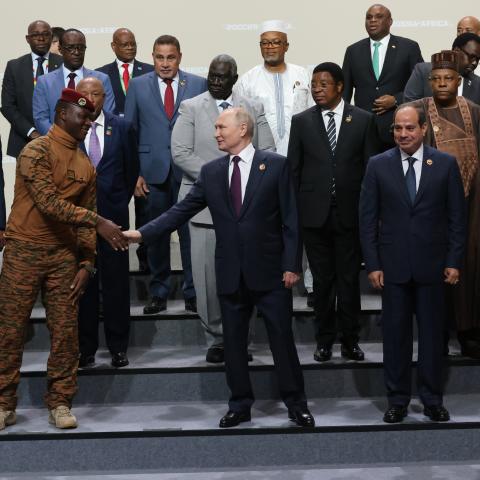 Russian President Vladimir Putin shakes hands with President of Burkina Faso Ibrahim Traore during the Second Summit and Russia–Africa Economic and Humanitarian Forum, on July 28, 2023, in Saint Petersburg, Russia. (Getty Images)