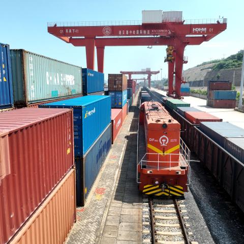 A China-Europe freight train loaded with containers prepares to depart from the China-Kazakhstan Logistics Cooperation base in Lianyungang, China, on August 24, 2023. (Future Publishing via Getty Images)