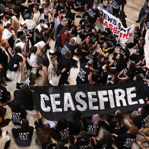 Protesters stage a demonstration in support the Palestinians on October 18, 2023, in Washington, DC. (Alex Wong via Getty Images)