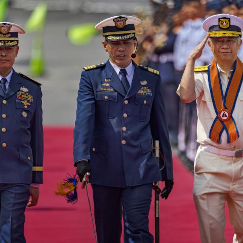 apan Coast Guard Commandant Admiral Shohei Ishii (right) and Philippine Coast Guard  Chief of Staff Commodore Joeven Fabul (left) take part in arrival honors at the Philippine Coast Guard  headquarters on November 4, 2023, in Manila, Philippines, as the countries seek to bolster military ties  after tensions escalated between China and the Philippines in the South China Sea. (Ezra Acayan via  Getty Images)