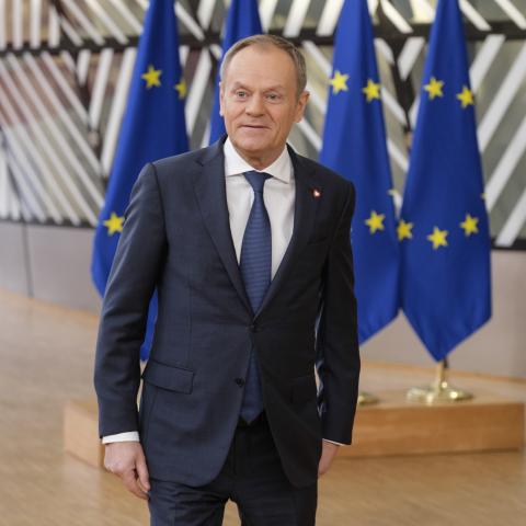 Polish Prime Minister Donald Tusk walks prior to the start of the European Union Summit on February 2, 2024, in Brussels, Belgium. (Thierry Monasse via Getty Images)