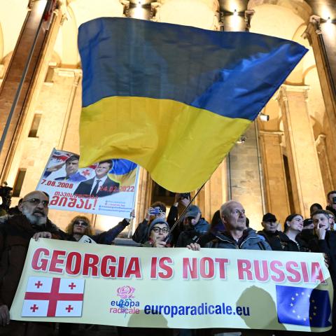 Georgian opposition supporters protest the results of the parliamentary elections in central Tbilisi, Georgia, on October 28, 2024. (Vano Shlamov/AFP via Getty Images)