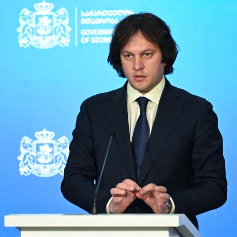 Georgian Prime Minister Irakli Kobakhidze holds a briefing in Tbilisi, Georgia, on December 4, 2024. (Vano Shlamov/AFP via Getty Images)