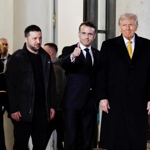 Emmanuel Macron, Donald Trump, and Volodymyr Zelenskyy after their meeting in Paris, France, on December 7, 2024. (Henri Szwarc/Xinhua via Getty Images)