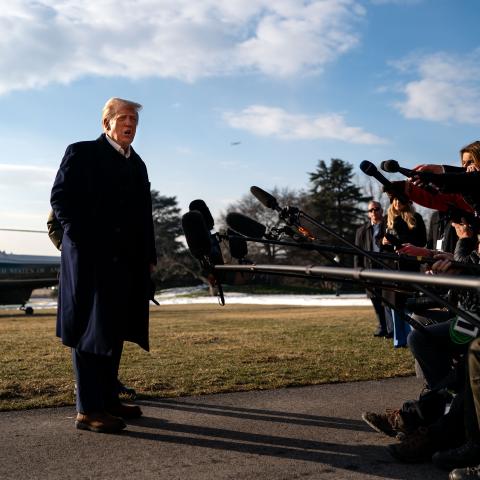 President Donald Trump speaks to members of the press as he and first lady Melania Trump prepare to depart the White House on January 24, 2025, in Washington, DC. (Kent Nishimura via Getty Images)
