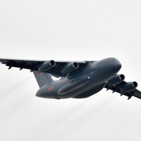 China's Xi'an Y-20 transport aircraft flies on November 1, 2016, in Zhuhai, China. (The Asahi Shimbun via Getty Images)