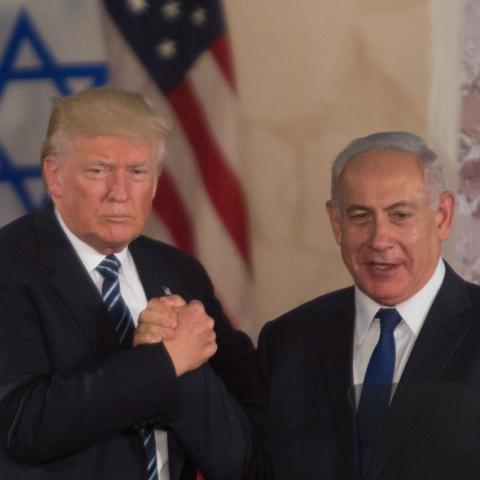 Donald Trump and Benjamin Netanyahu shake hands during a visit to the Israel Museum on May 23, 2017, in Jerusalem, Israel. (Lior Mizrahi via Getty Images)