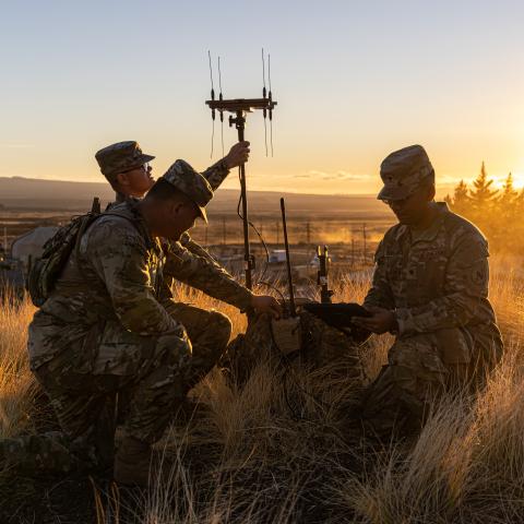 U.S. Army Soldiers assigned to 3rd Multi-Domain Task Force use the Versatile Radio Observation and Direction (VROD) and Modular Adaptive Transmit (VMAX) backpack EW systems, which is a lightweight man-portable electronics support and offensive electronic attack system at Pohakuloa Training Area, Hawaii, Nov. 1, 2023. The Joint Pacific Multinational Readiness Center (JPMRC) is the Army’s newest Combat Training Center (CTC) and generates readiness in the environments and conditions where our forces are most l