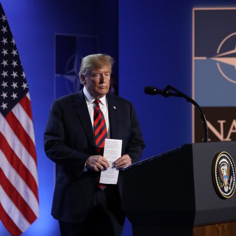 President Donald Trump arrives to speak to the media on the second day of the 2018 NATO Summit on July 12, 2018, in Brussels, Belgium. (Sean Gallup via Getty Images)