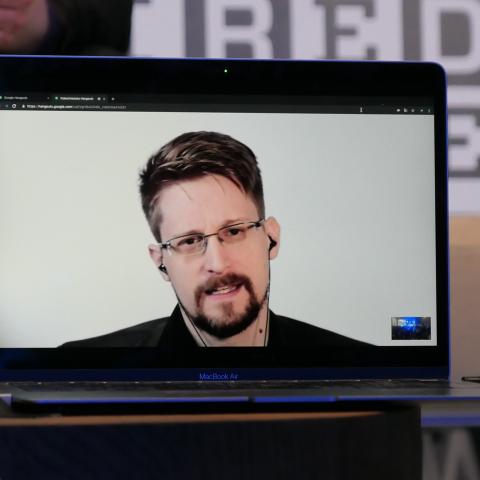 Edward Snowden speaking from Russia during the Wired Next Fest 2019 at the Giardini Indro Montanelli on May 26, 2019, in Milan, Italy. (Rosdiana Ciaravolo via Getty Images)