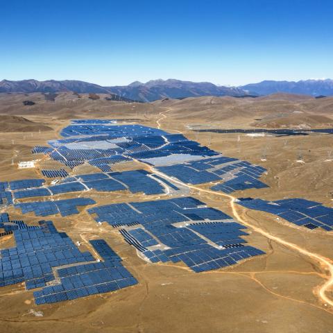 Aerial view of solar panels at a high-altitude photovoltaic base on October 29, 2022, in Sichuan Province of China. (VCG/VCG via Getty Images)
