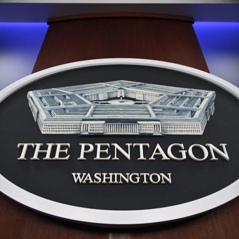  Pentagon logo is seen ahead of a press conference at the Pentagon in Washington DC, on August 15, 2023. (Celal Gunes/Anadolu Agency via Getty Images)