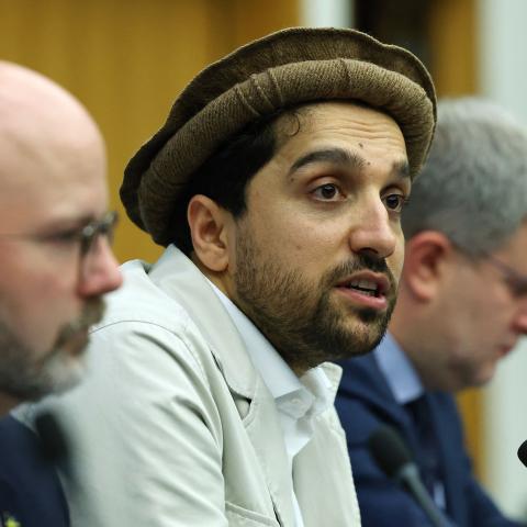 Ahmad Massoud, leader of the National Resistance Front of Afghanistan, speaks in Strasbourg, eastern France, on October 4, 2023. (Getty Images)
