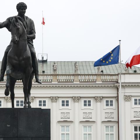 A view of the Presidential Palace and the Prince Jozef Poniatowski Monument in Warsaw, Poland, on October 23, 2023. (Jakub Porzycki/NurPhoto via Getty Images)