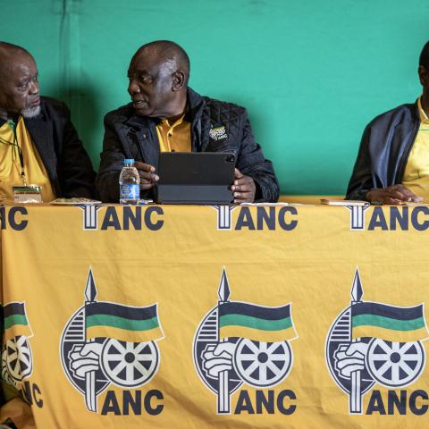 African National Congress President Cyril Ramaphosa speaks to the National Chairperson Gwede Mantashe before a Lekotla meeting on August 4, 2024, in Boksburg, South Africa. (Per-Anders Pettersson via Getty Images)