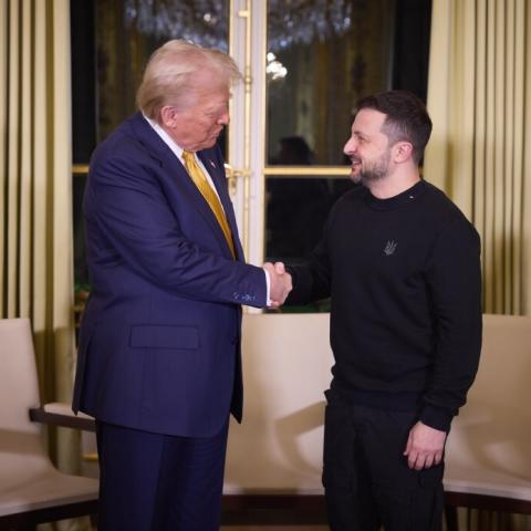 Ukrainian President Volodymyr Zelenskyy and then US president-elect Donald Trump shake hands after their meeting at the Elysee Presidential Palace in Paris, France, on December 7, 2024. (Ukrainian Presidency / Handout/Anadolu via Getty Images)