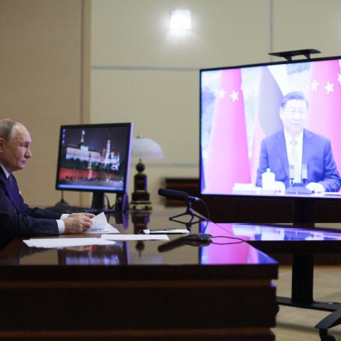 President Vladimir Putin holds a videocall with Chinese President Xi Jinping in Moscow on January 21, 2025. (Gavriil Grigorov/AFP via Getty Images)