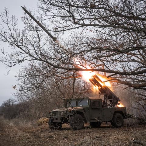 Ukrainian soldiers operate an American Humvee fitted with Soviet era Grad launcher in the direction of Toretsk, Ukraine, on January 23, 2025. (Wolfgang Schwan/Anadolu via Getty Images)