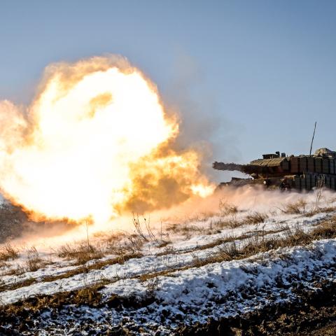 A tank participates in a live fire exercise of Leopard 1A5 crews in Ukraine on February 5, 2025. (Dmytro Smolienko/Ukrinform/NurPhoto via Getty Images)