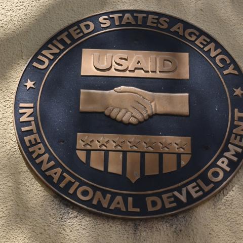 View of the logo of the United States Agency for International Development (USAID) at its office in Tegucigalpa taken on February 6, 2025. (ORLANDO SIERRA/AFP via Getty Images)