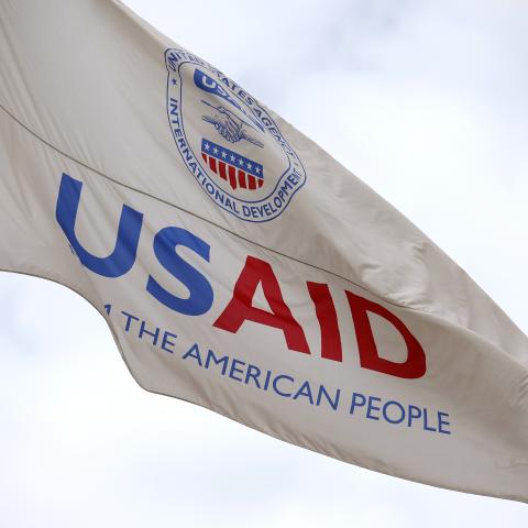 A flag outside of the United States Agency for International Development headquarters is seen on February 3, 2025, in Washington, DC. (Kevin Dietsch via Getty Images)