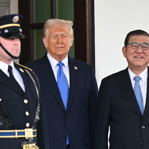 President Donald Trump greets Prime Minister Shigeru Ishiba upon arrival outside the White House in Washington, DC, on February 7, 2025. (Mandel Ngan/AFP via Getty Images)