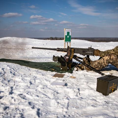 Ukrainian soldiers practice firing a Browning heavy machine gun on February 20, 2025, in Donetsk Oblast, Ukraine. (Roman Chop/Global Images Ukraine via Getty Images)