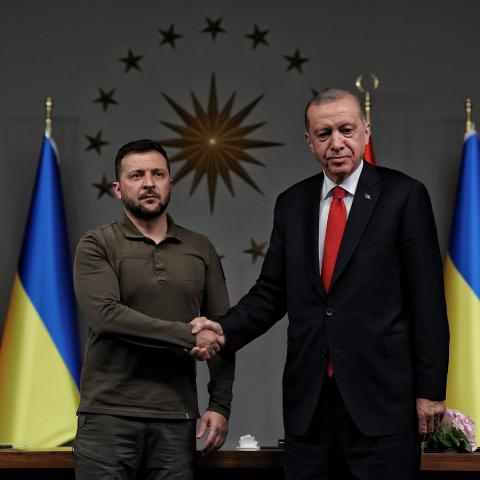 Turkish President Recep Tayyip Erdogan and Ukrainian President Volodymyr Zelensky attend a joint press conference at the Vahdettin Mansion on July 8, 2023, in Istanbul, Turkey. (Ozan Guzelce/ dia images via Getty Images)