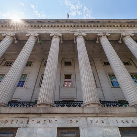 A statue of the first United States Secretary of the Treasury, Alexander Hamilton, stands in front of the US Treasury September 19, 2008, in Washington, DC. (Chip Somodevilla/Getty Images)